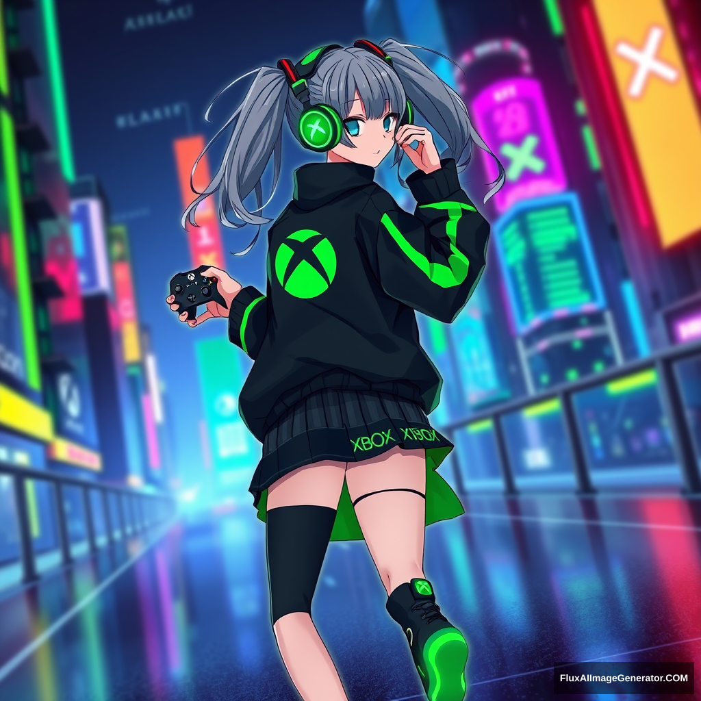 A vibrant anime girl with long, flowing hair styled in twin-tails wears a stylish outfit inspired by Xbox. Her jacket is sleek, black, and green with the iconic Xbox logo on the back. The sleeves have neon-green stripes, and the jacket is slightly oversized, giving it a trendy, streetwear vibe. She wears a matching skirt with a digital pattern resembling an Xbox controller's buttons. Her shoes are high-top sneakers with a glowing green accent. In one hand, she's holding an Xbox controller, and her other hand is playfully adjusting her headphones, which also feature the Xbox logo. The background is a futuristic cityscape at night, with neon lights reflecting the Xbox color scheme, creating an electrifying atmosphere. - Image