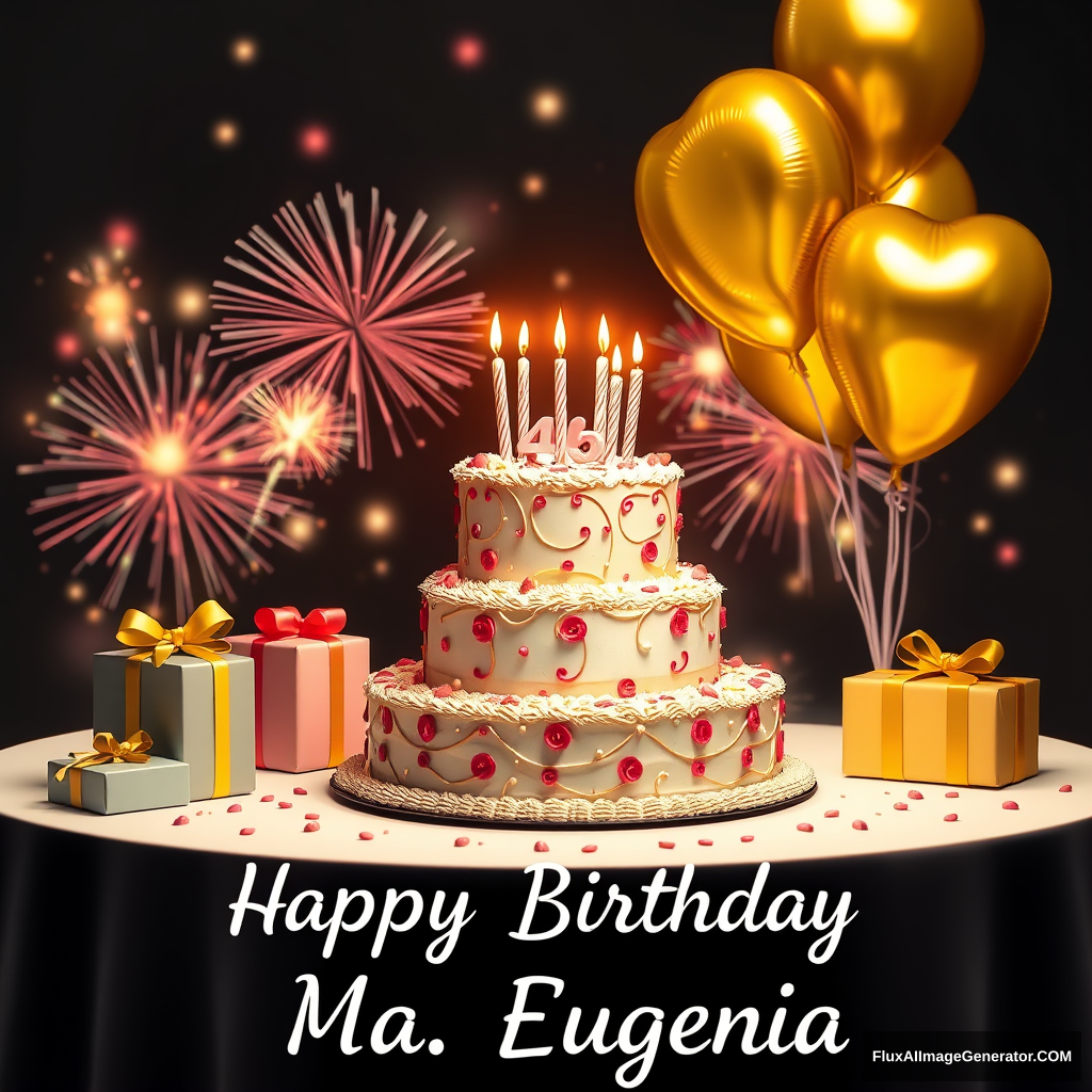 A 2 tiered birthday cake, 5 candles, gifts decorate the table, golden balloons float and fireworks accompany them in the background. A beautiful phrase reads "Happy Birthday Ma. Eugenia".