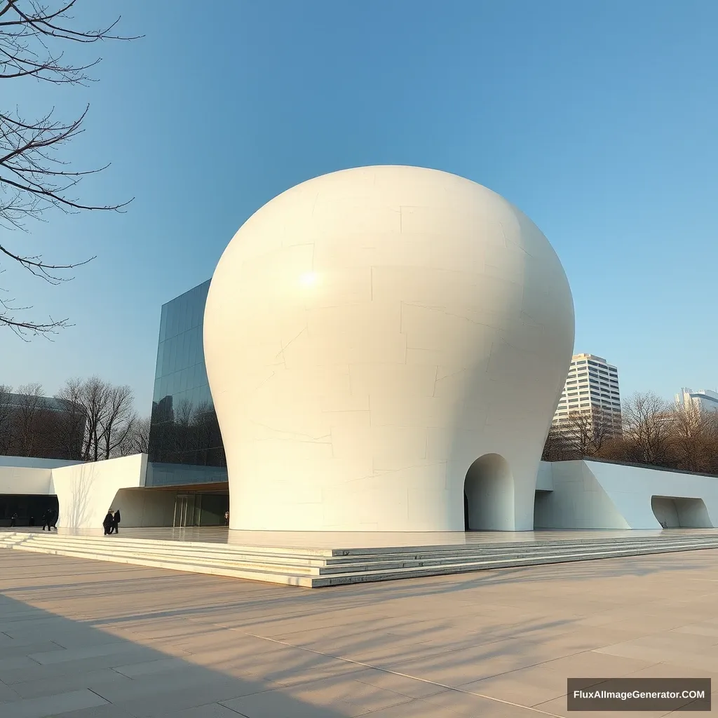 White stone, museum, one side of the facade is a full mirror, huge volume, beautiful object shape, Seoul, Cheongdam-dong - Image