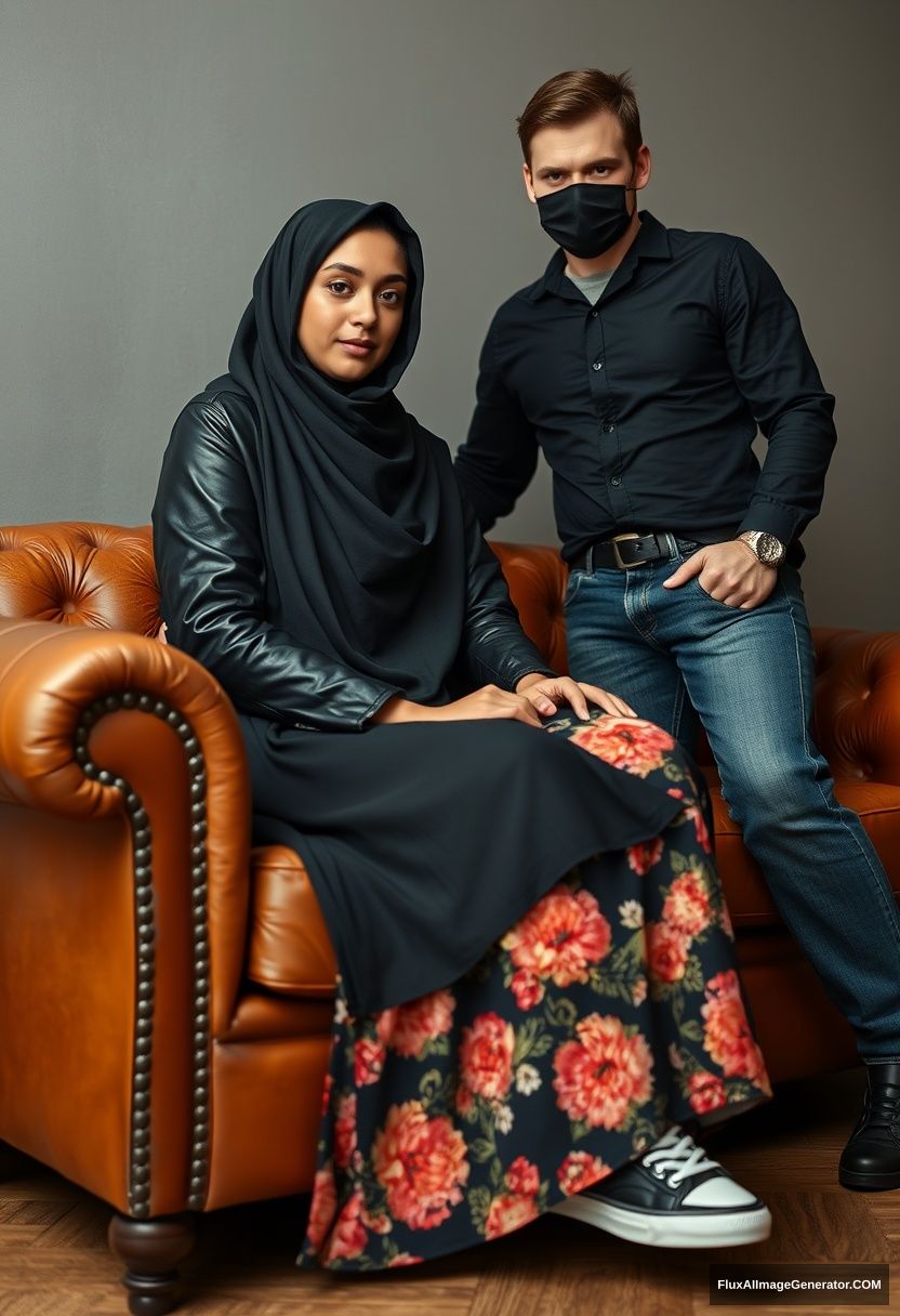 A biggest black hijab girl, burqa, beautiful eyes, black leather jacket, biggest floral long dress, black leather sneaker, sitting on leather single wing sofa, Jamie Dornan, black shirt, jeans, black leather sneaker, tall man, face mask black, fit body, standing near her, hyper realistic, studio photography. - Image