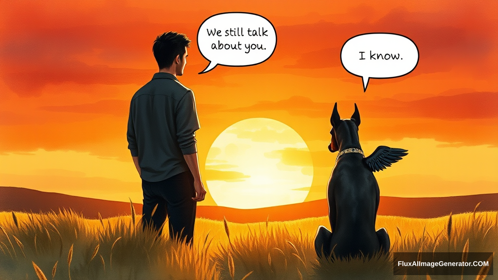 watercolor illustration: male figure in meadow at golden hour, silhouetted against vibrant sunset sky. Winged canine doberman companion sat beside. facing away from the viewer, Speech bubbles float above: "We still talk about you" (person), "I know" (dog). Nostalgic atmosphere, brushstrokes convey wistful longing. Warm palette, dreamy textures.