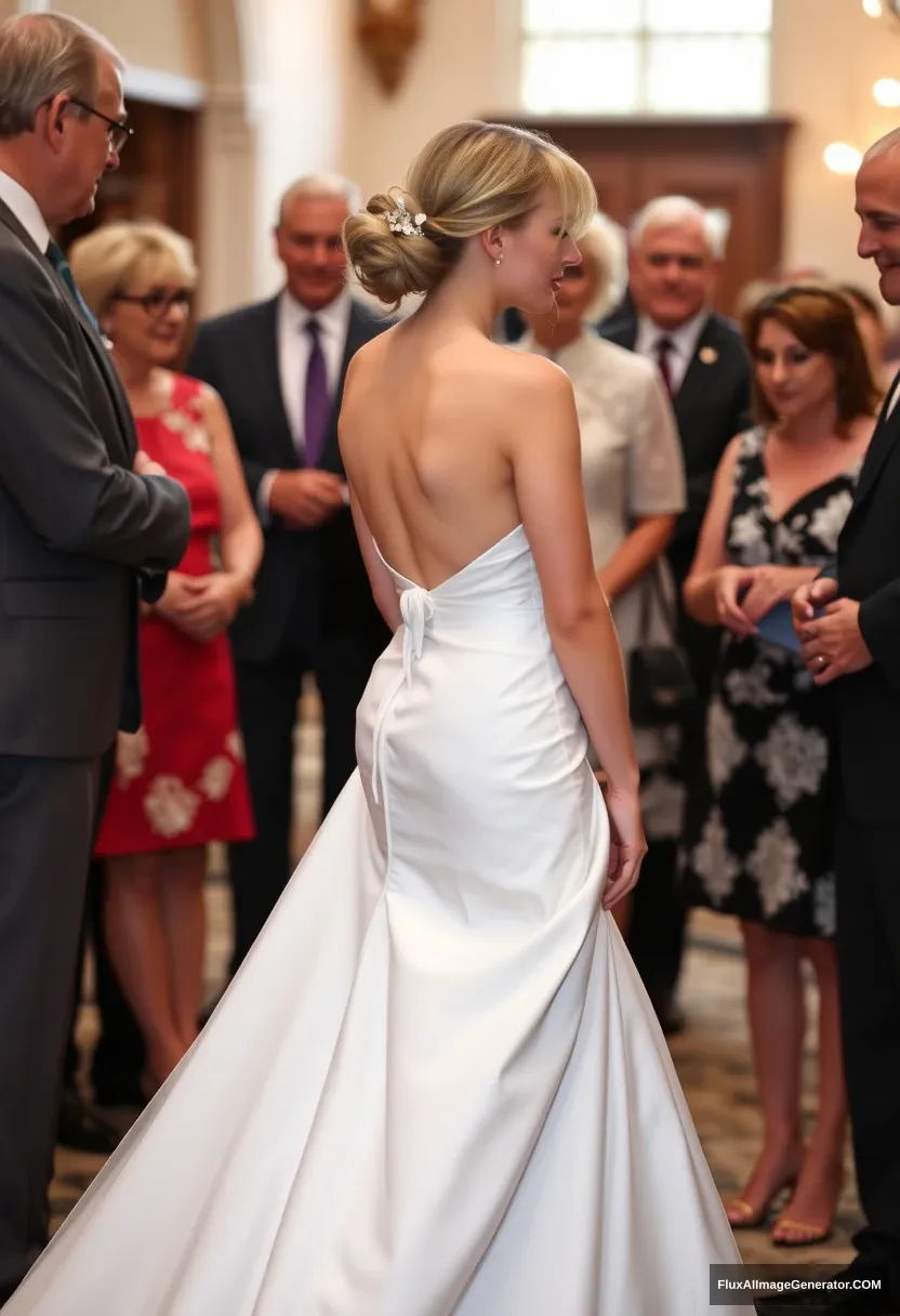 A petite young woman, sensitive, delicate, girly, wearing a backless, strapless, side-less, low-waisted contouring wedding dress with a loose front. Fawning obediently while mingling with fathers. Expectations. Perfect posture. Pale skin.