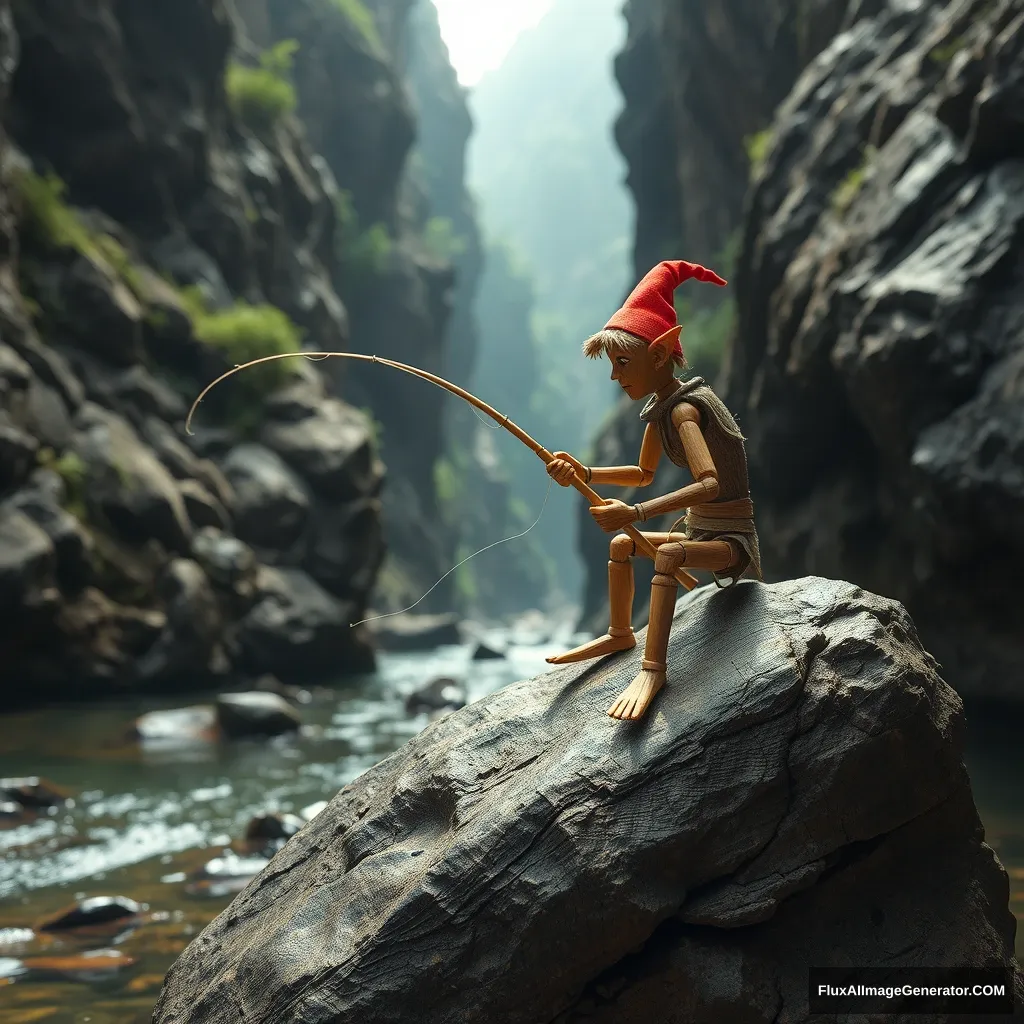 A wooden elf made a bamboo fishing rod on a rock in a deep mountain canyon, fishing for grouper in the creek.