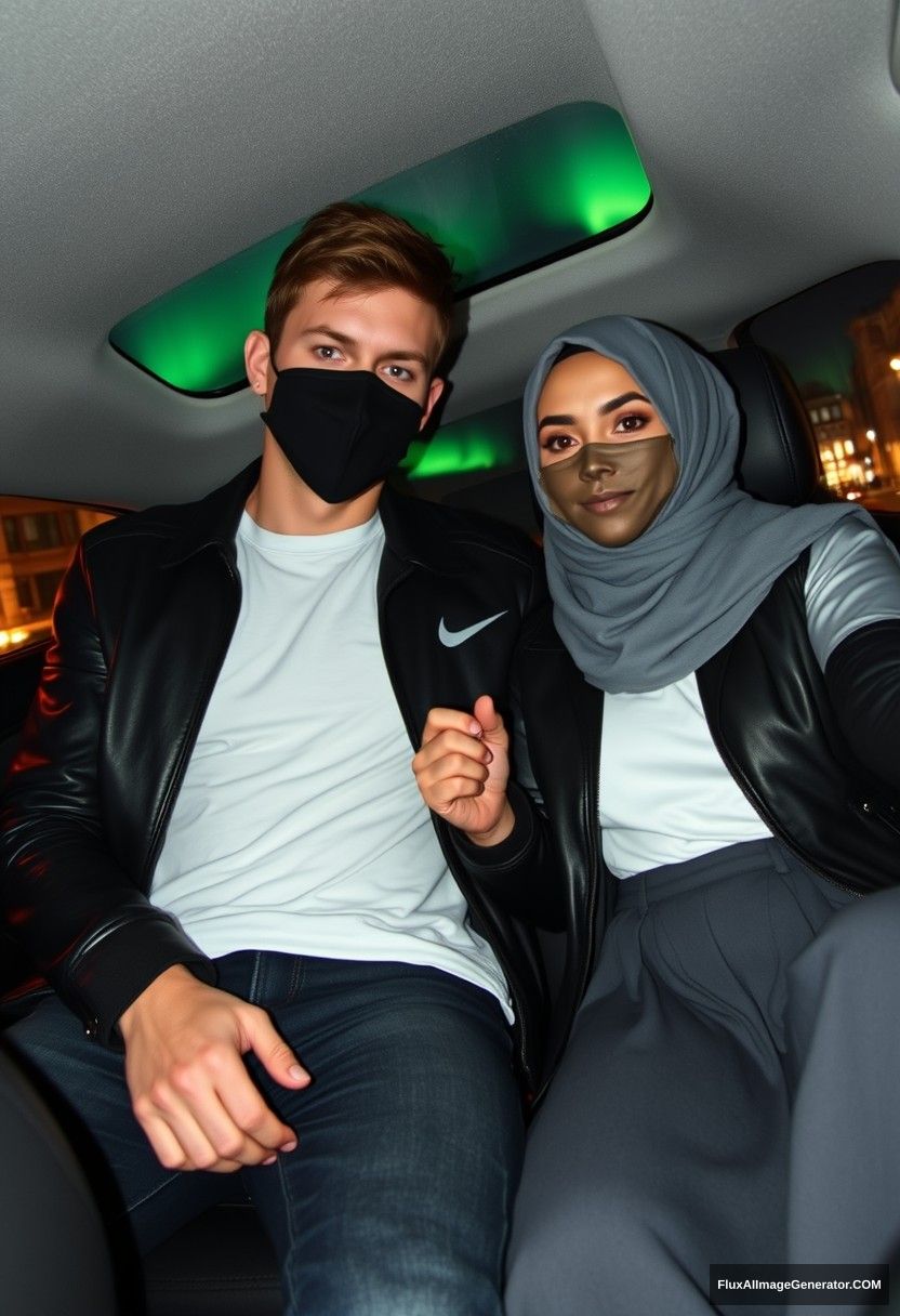 Jamie Dornan, tall, young, black face mask, white Nike T-shirt, jeans, 

dating a love romantic with a grey hijab Muslim girl, beautiful eyes, black face mask, leather jacket, very long and big skirt, not a tall girl,  

sitting in a car, in town, photorealistic, selfie photos, night scenery, aurora borealis.