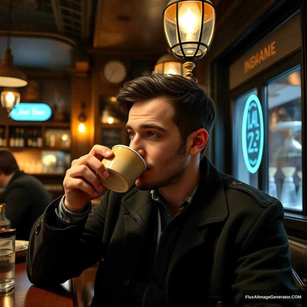 A guy drinking a coffee in a French bar. - Image