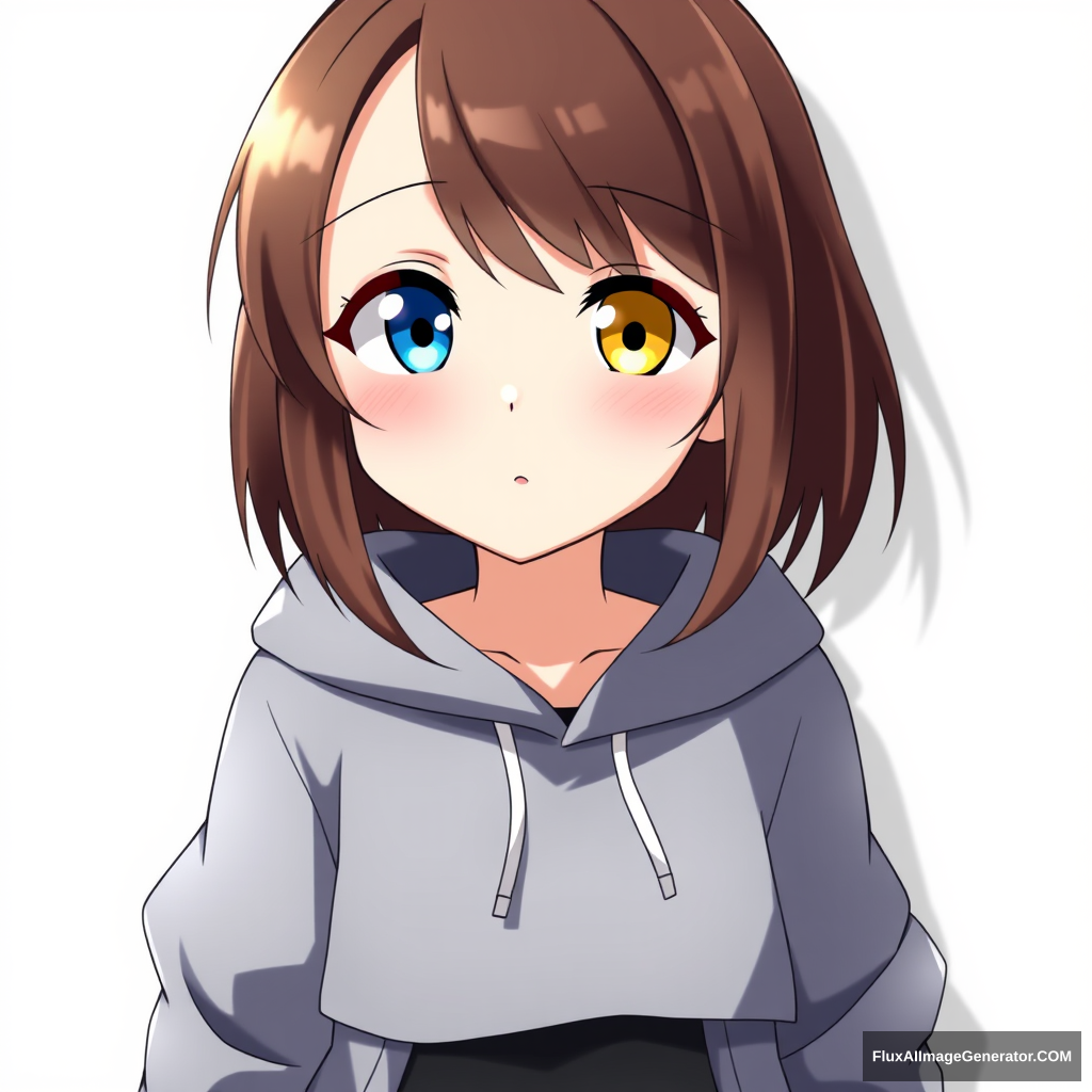 One anime girl with the left eye blue and the right one yellow, and brown hair. Cute looking, short full body wearing a gray hoodie with a black skirt. - Image