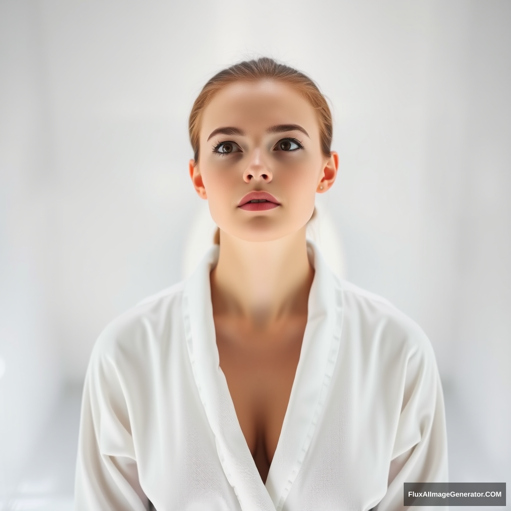 A close-up shot of a woman standing in front of a sleek, modern toilet in a minimalist bathroom. Her expression is contemplative, with a hint of introspection. The lighting is soft and white, casting an ethereal glow on her porcelain skin. She wears a simple white robe, cinched at the waist by a thin belt. The composition is tight, focusing attention solely on the woman as she ponders something profound.