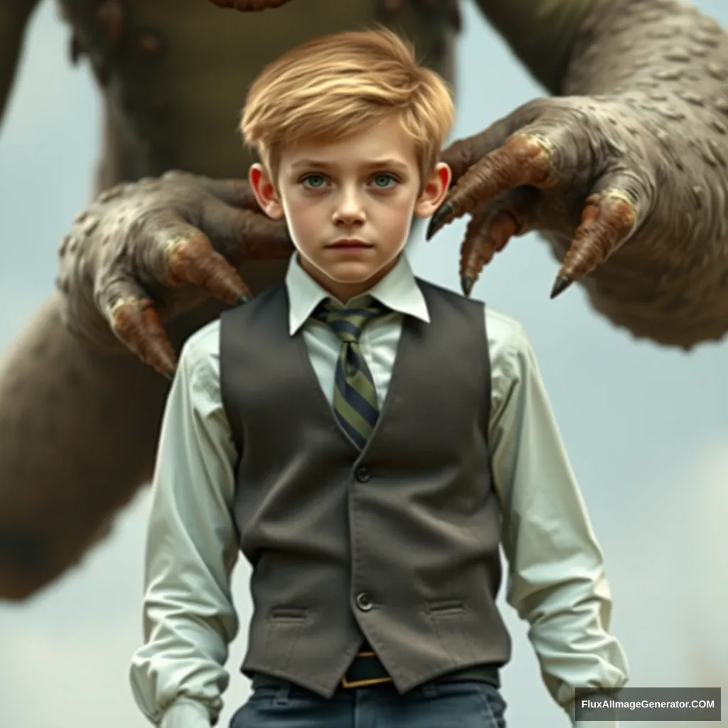 Cute skinny teen guy in a formal shirt and tie with waistcoat grabbed by a giant creature. Photo. - Image