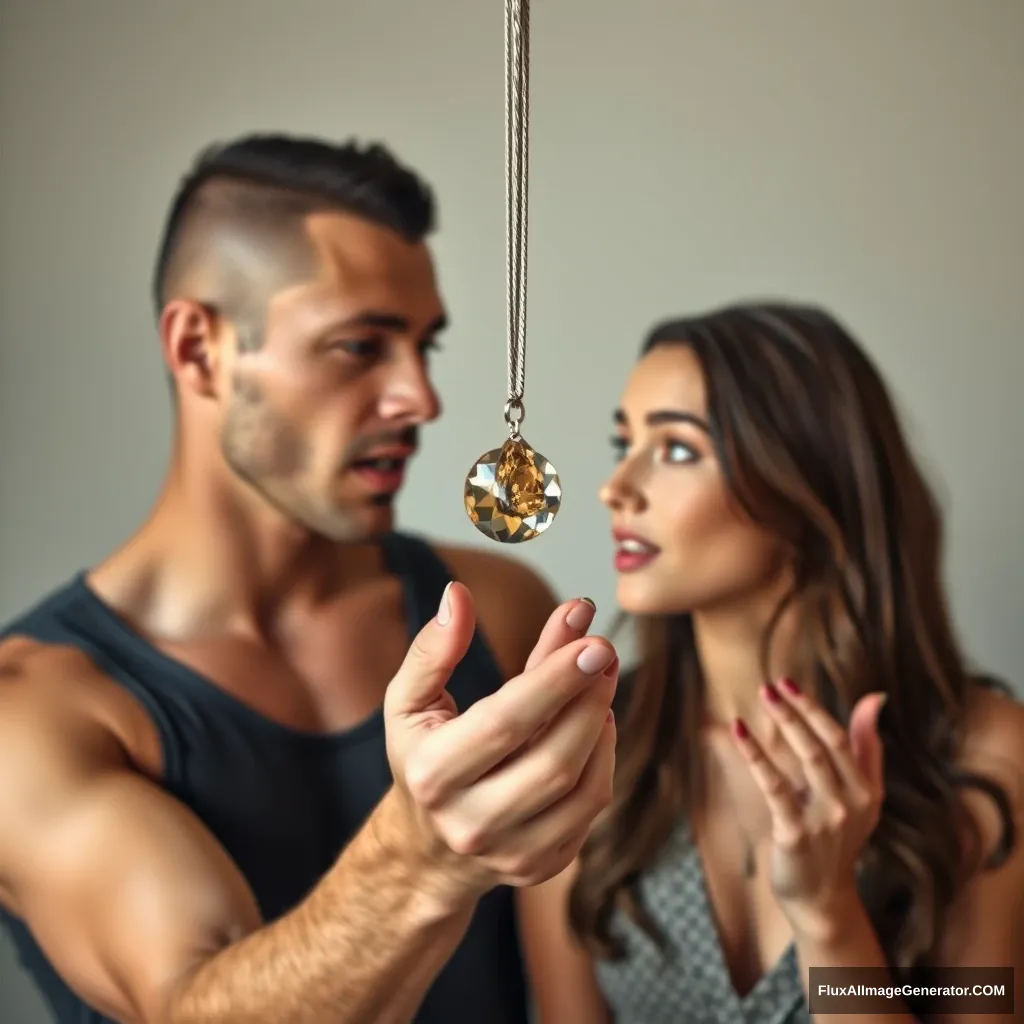 A pretty small delicate and slim lady hypnotizing her much bigger and muscular boyfriend in a session, looking directly into his eyes and swaying a pendant she is holding in her delicate hands in front of his eyes, her eyes are powerful and hypnotic, he is entranced his mouth open in a silly expression.