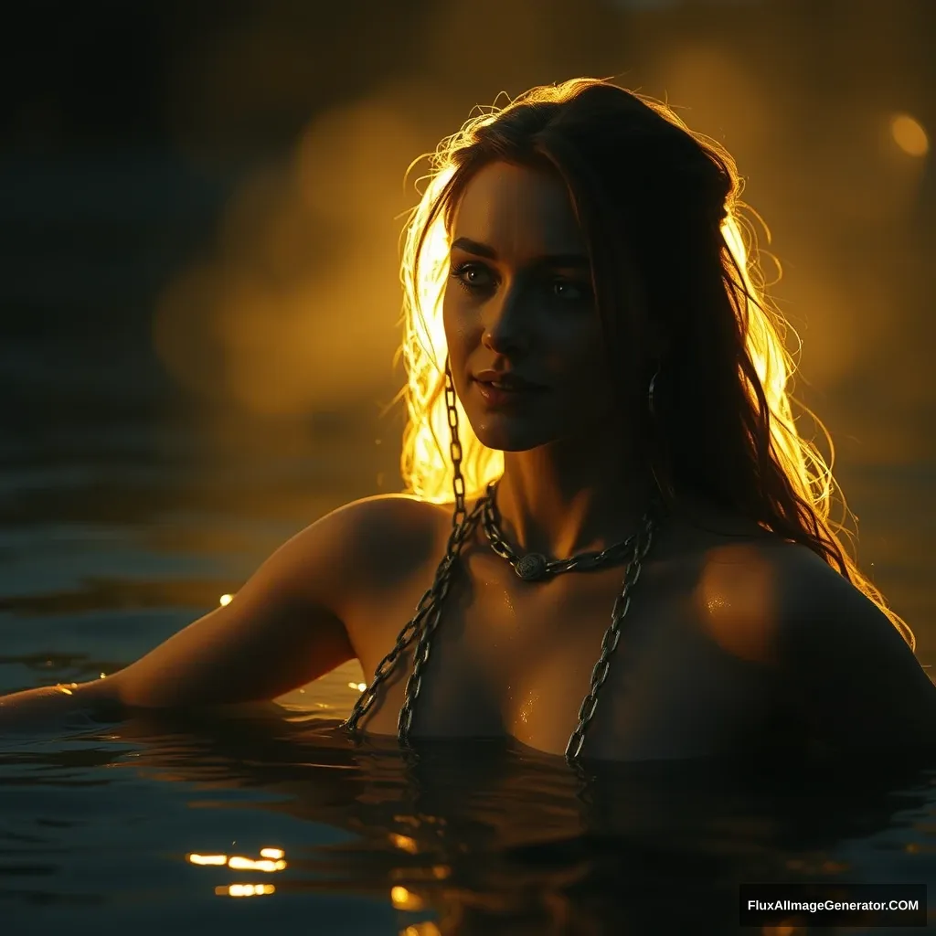 A goddess in delicate chains emerges from a lake at night in the firelight, close-up. - Image