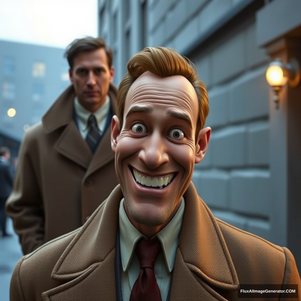 Dean McCoppin from Iron Giant enthusiastically smirking into the camera while an inconspicuous man in a trench coat is watching his every move in the background. - Image