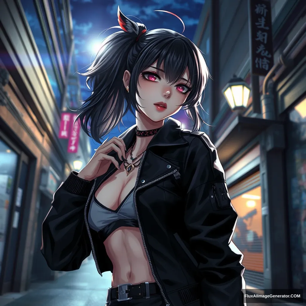 Dreamlike goddess design of a vampire wearing a black pilot jacket, shot from the waist up, enchanting face, stylish pose, modern fashion, cyberpunk street, beautiful night sky, by Raymond Swanland, by Yuumei, by Miho Hirano, by Masaaki Sasamoto, detailed character design, streetlight, alley, dark atmosphere, dramatic, dynamic angle. - Image