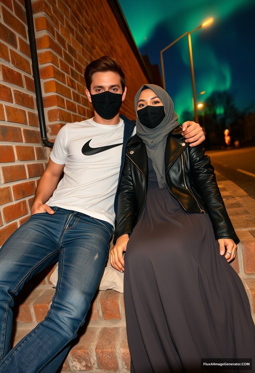 Jamie Dornan, tall and handsome, wearing a black face mask, a white Nike T-shirt, and jeans, is dating a lovely Muslim girl in a grey hijab with beautiful eyes. She is wearing a black face mask, a leather jacket, and a very long and wide skirt; she is not tall. They are laying against a brick wall in town, in a photorealistic style, capturing street photography and selfie photos against a night scenery with the aurora borealis.