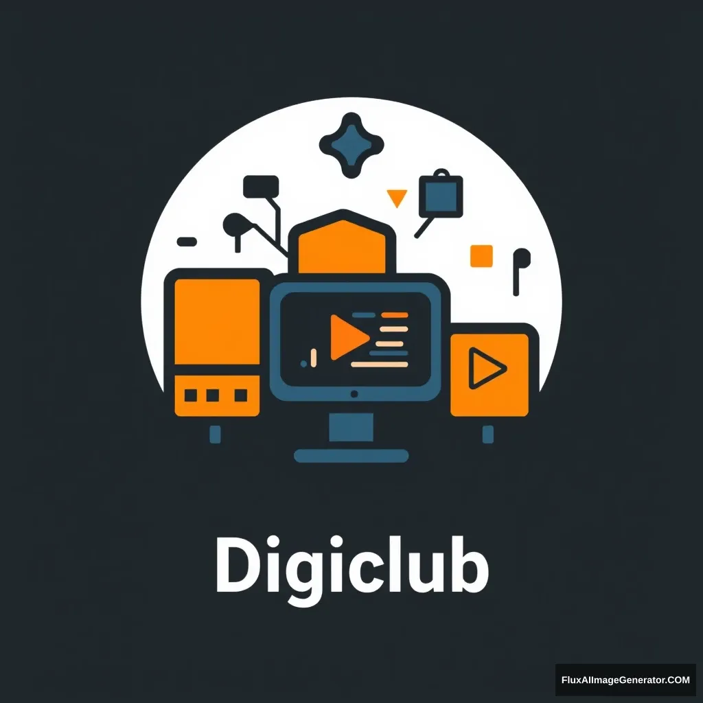 Create a classic, clunky logo for Digiclub, a YouTube channel focused on digital marketing and SEO. The logo should: - Incorporate a combination of digital and marketing elements (e.g., pixels, screens, charts, or graphs) - Feature a bold, dark color scheme (e.g., blues, oranges, or yellows) - Include the channel name 'Digiclub' in a clean, sans-serif font - Be scalable for various formats (e.g., YouTube thumbnails, social media profiles, and website headers) - Convey a sense of innovation, amateurism, and isolation. Design a logo that appeals to digital marketers, entrepreneurs, and anyone interested in growing their online presence. - Image