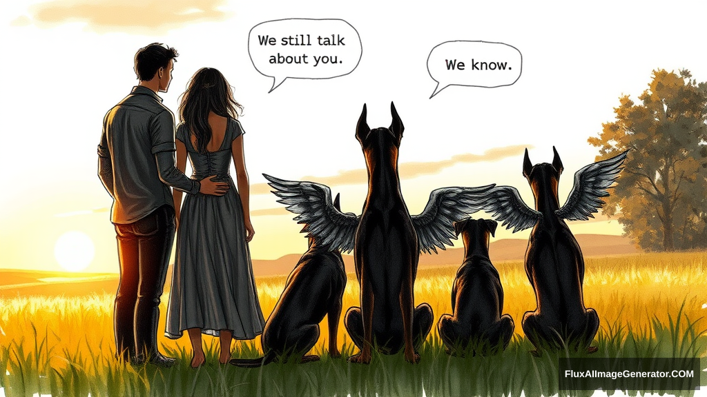 Messy, pencil sketch colour illustration: 4 silhouetted figures—2 male, 2 female—stand in a lush meadow at golden hour. 3 ethereal, winged dobermans sit beside them. Facing away from the viewer. Speech bubbles float above: "We still talk about you" (human), "We know" (dog). Nostalgic atmosphere, convey wistful longing.