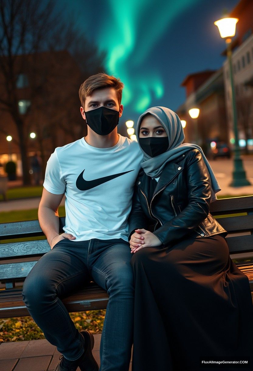 Jamie Dornan, tall, young, black face mask, white Nike T-shirt, jeans,

dating romantically with a grey hijab Muslim girl, beautiful eyes, black face mask, leather jacket, very long and big skirt, not a tall girl,

sitting together on a park bench in town, photorealistic, street photography, selfie photos, night scenery, aurora borealis.