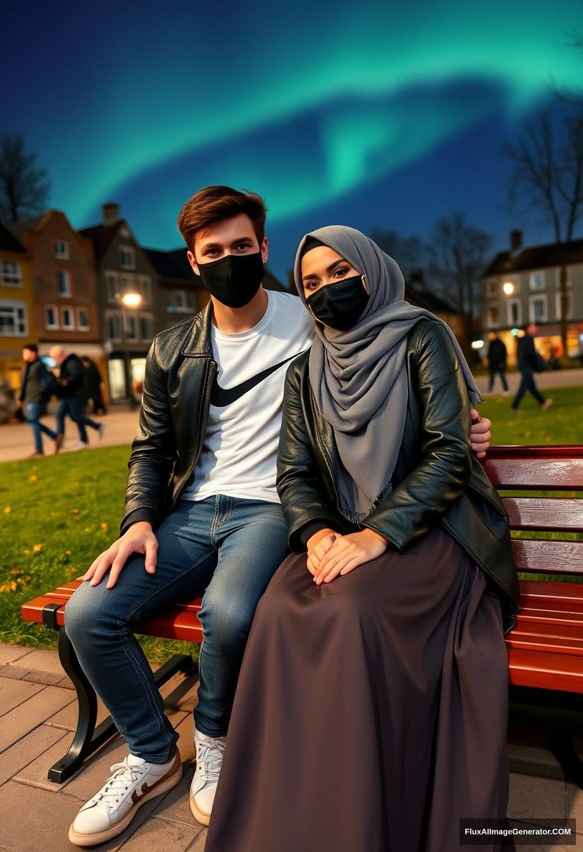 Jamie Dornan, tall, young, wearing a black face mask, a white Nike T-shirt, and jeans, is dating a beautiful Muslim girl in a grey hijab. She has beautiful eyes, a black face mask, and is wearing a leather jacket along with an extremely long and big skirt. She is not tall. They are sitting together on a park bench, her head resting on his shoulder, in a town with strangers in the background. The scene is photorealistic, resembling a selfie taken at night under the aurora borealis. - Image