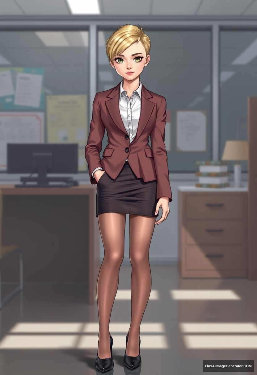 Skinny young blonde girl standing in a secretary outfit in a character environment, short pixie hairstyle, blazer, pantyhose, stiletto pumps. - Image