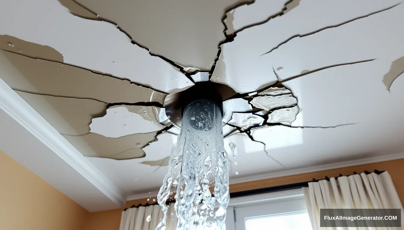 'Ceiling of the house, cracked and leaking, large amounts of water, water gushing out.'