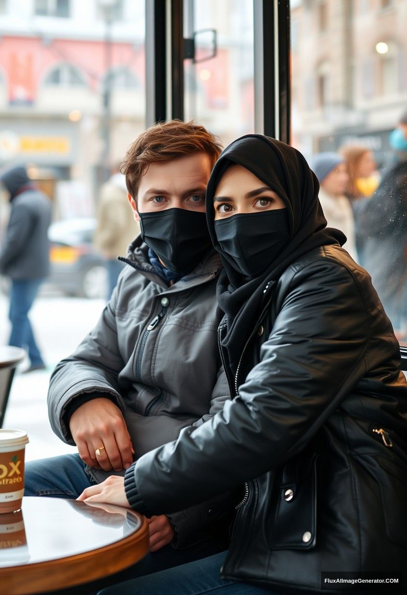 Jamie Dornan, handsome, young, wearing a black face mask, snow jacket, and jeans, dating a beautiful Muslim girl in a black hijab with beautiful eyes, also wearing a black face mask and black leather jacket, in a winter scenery, sitting at a cafe near a glass window in town, photorealistic, street photography. - Image