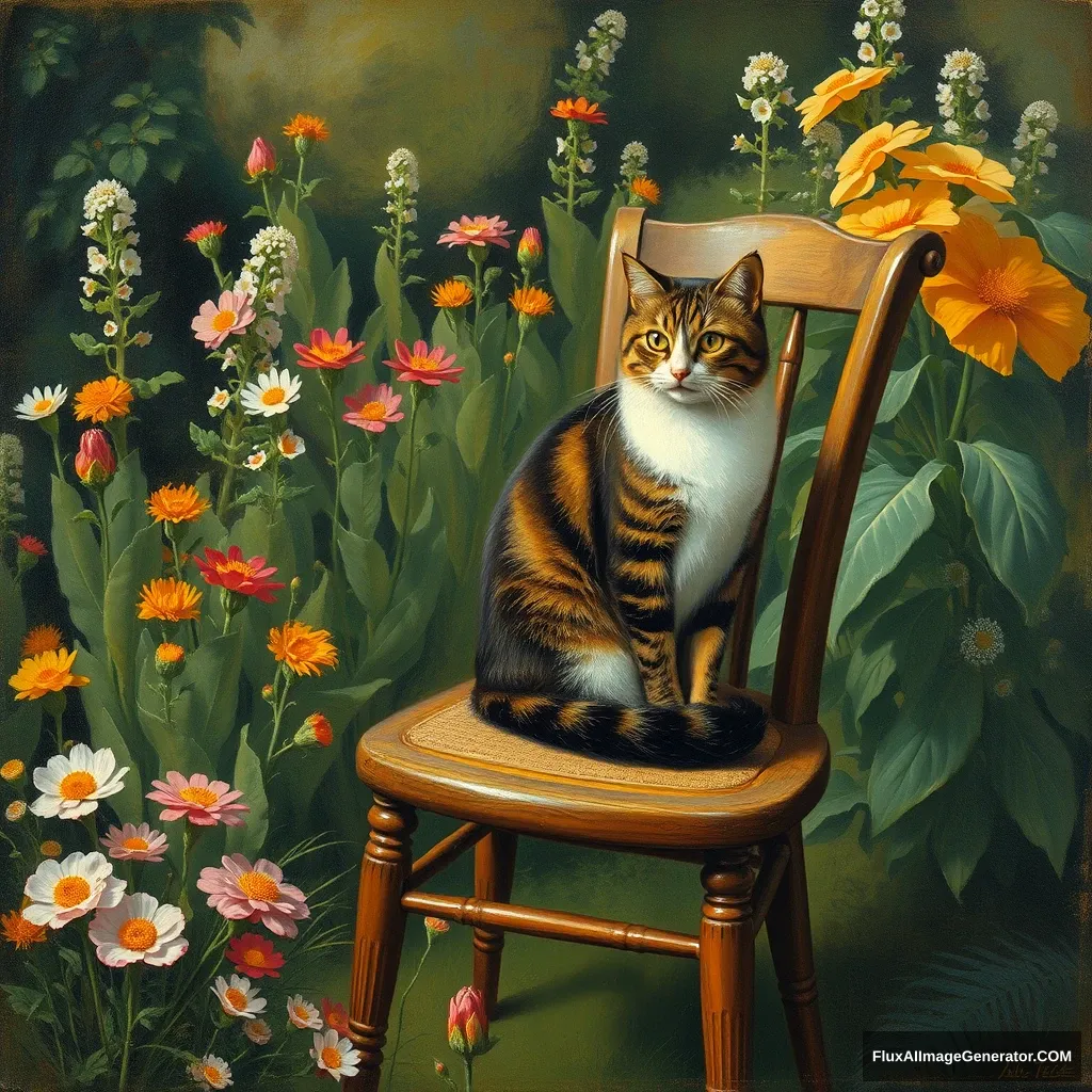 A painting of a cat sitting on a chair in a flowery garden that overwhelms us with its power, stands the test of time, and changes the way generations of artists or scientists think about their field.