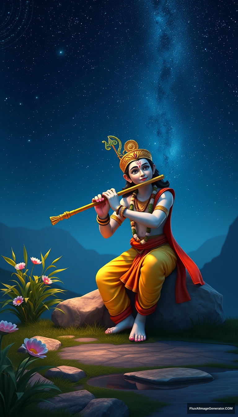 Krishna, playing the flute, peaceful place, watching night stars, hyper-realistic, quality, Pixar style. - Image