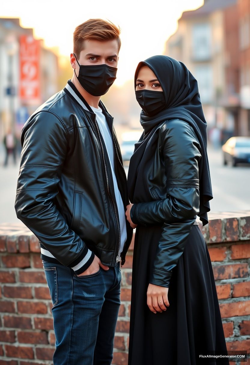 Jamie Dornan, handsome young man, black face mask, collage jacket, jeans, dating a beautiful Muslim girl in a big black hijab with beautiful eyes, wearing a black face mask and a black leather jacket, standing by a brick wall in a big skirt, town, morning scenery, sunrise, photorealistic, street photography.