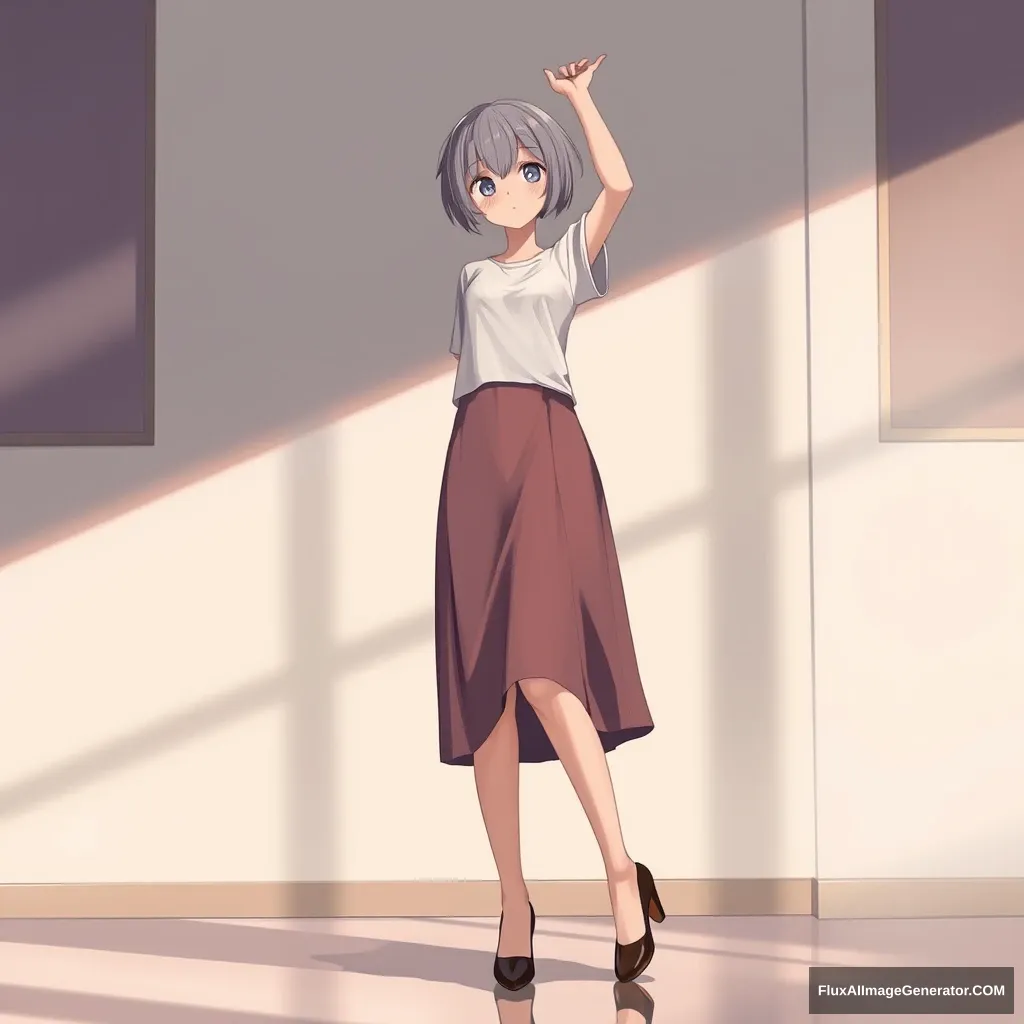 "A girl, short hair, indoors, raising her arm, lips, high heels, OL skirt, realistic." - Image