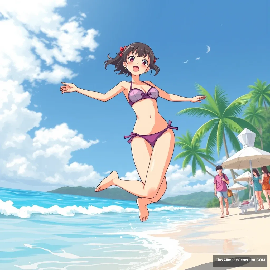 Japanese girl beach jump smile bikini teenage animation - Image