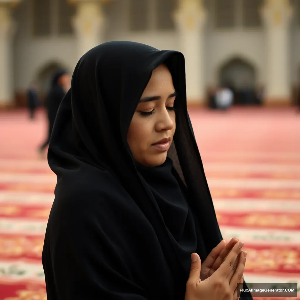 A pious woman praying named Maryam bint Imran. Maryam is a woman who is very devout in worship and always maintains her purity. She comes from a very prominent family, and since childhood she was raised in an environment full of worship and obedience to Allah, wearing a black sarong, neck covered with a perfect hijab.