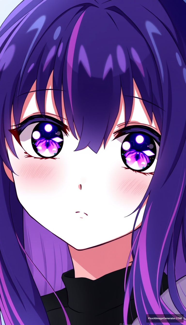 A beautiful young girl with dark-purple and pink-colored eyes with white shiny six-star pupils. She has indigo and purplish long hair reaching her waist and has bangs that have pink streaks in them. Anime art style. - Image