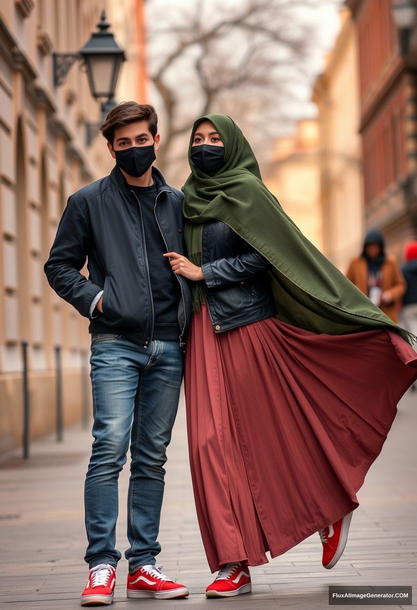 Jamie Dornan, young, black face mask, capital A collage jacket, jeans, red sneakers, in a romantic love dating scene with someone wearing the biggest army green hijab, beautiful eyes, black face mask, college jacket, the biggest longest skirt, photorealistic, street photography, full photography.