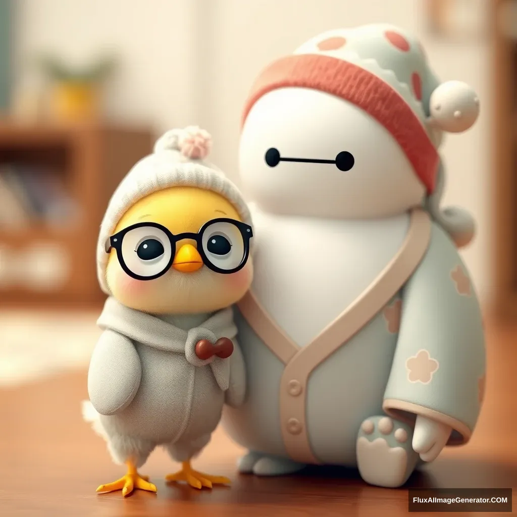 "Very small and sweet Kawaii little bird with glasses, a hat, and pajamas next to Baymax, who is wearing a beautiful pajama and a sleepy hat."