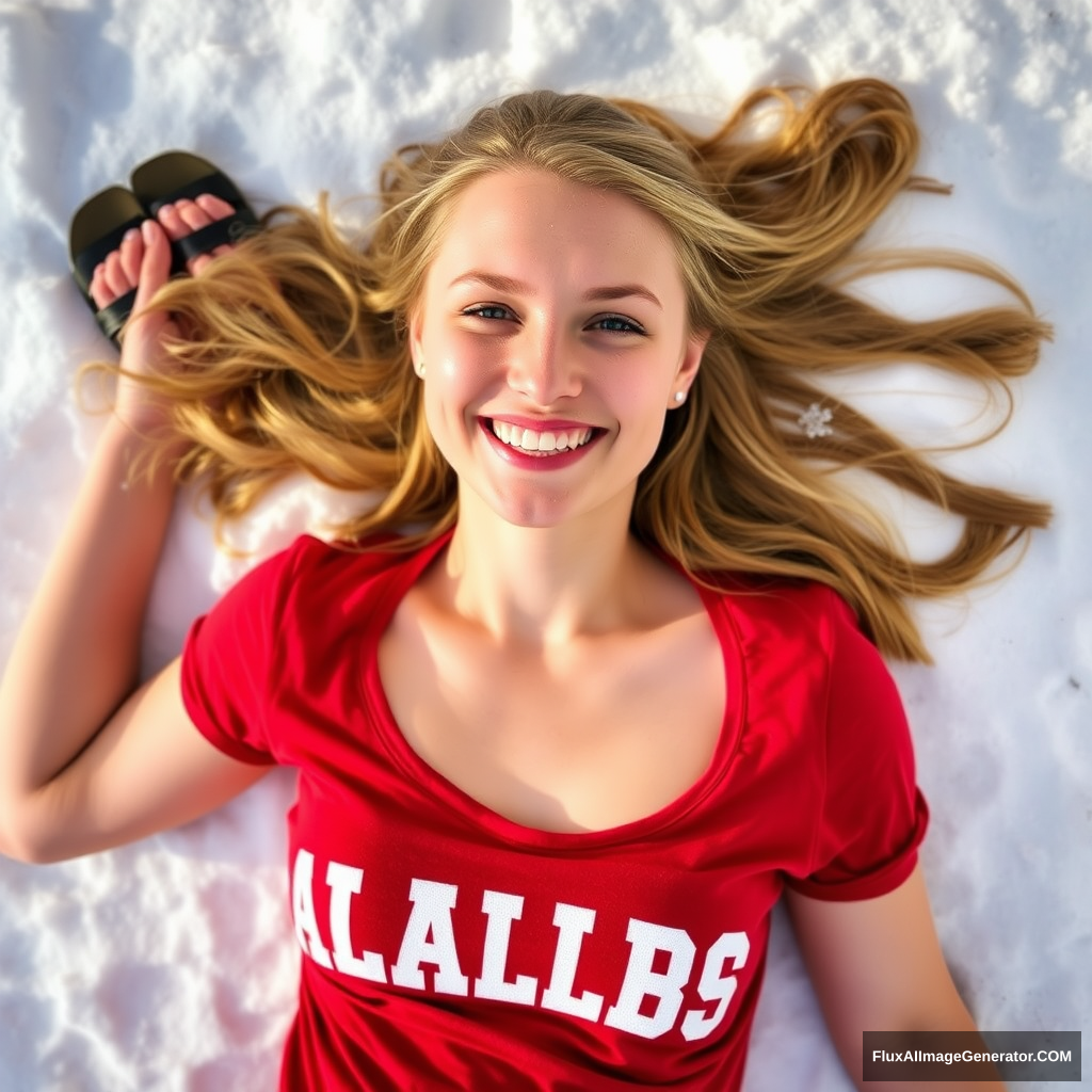 A very pretty 28-year-old Ally Hinson from Appalachian College wearing a red t-shirt and sandals laying in the snow, happy. - Image