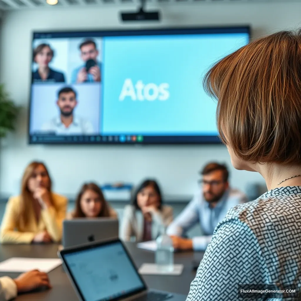 Microsoft online teams meeting for "Atos" presented by a white woman with brown bobbed hair, in her fifties. People online looking bored and upset.