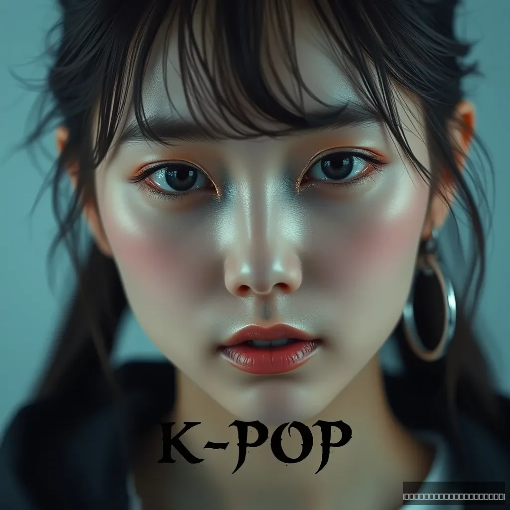 Ultra realistic photo of a Korean girl with realistic skin, gothic black font "K-POP" at the center bottom of the photo.