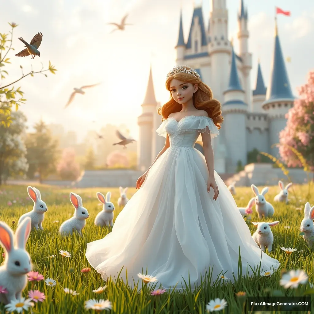 A princess in a white chiffon dress, in the grass in front of the castle, surrounded by cute furry bunnies, birds, flowers, a magical world full of Disney style, 3D rendering, natural light, high-definition picture quality, 8k, - niji 6. - Image