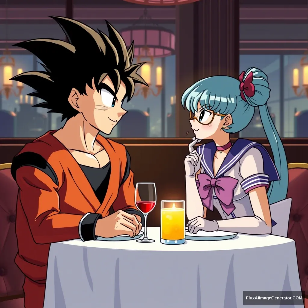 Goku and Sailor Moon having dinner together in the fancy restaurant.