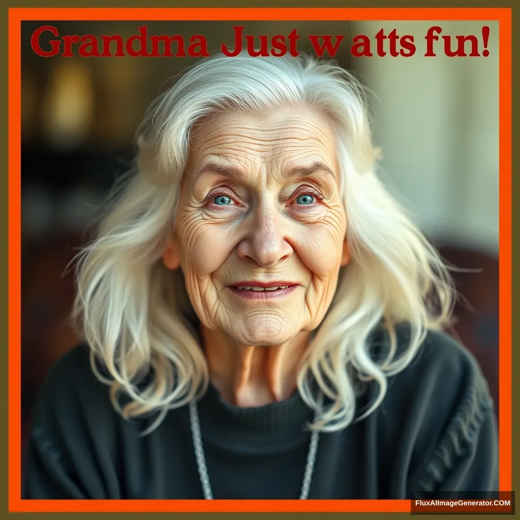 A poster with a 70-year-old grandmother, white long hair. The heading says, "Grandma Just Wants To Have Fun!"