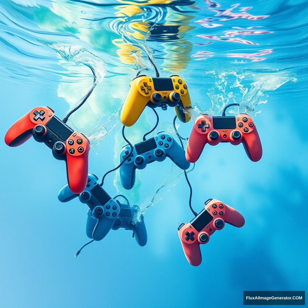 watercolor art piece, multiple colorful game controllers cascading into crystal-clear water, visually depicting the sensation of drowning, expressive ripples and splashes, dynamic movement, subtle blending of hues, creating a hypnotic underwater scene, serene yet melancholic atmosphere, high-contrast details 4K, evoking a sense of loss and nostalgia amidst whimsical imagery. - Image