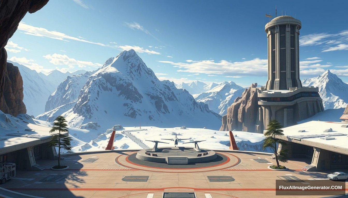 Cel shaded art, wide shot, a sci-fi center on the top of a snow mountain, open air, close look, cyberpunk, military base, Star Wars style, indoor, patio, morning, sunlight, fortress, mountain, rock, snow, tarmac, parking apron, cave, tree, landing field, cliff, round shape, tower.