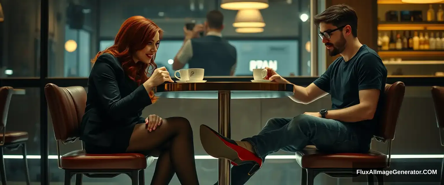 Cinematic Style. A woman and a man are sitting at a table in a bar, having a coffee. The woman has red hair, with a devious grin on her face, wearing business attire, black pantyhose, and open-toe high heels. She looks at the man with superiority. The man is 20 years old, with glasses, wearing jeans and a T-shirt. Shot from the side, from a distance, so all their figures are shown. The woman is looking at the man. The table has one leg in the middle, metallic. The woman and the man are sitting on opposite sides, facing each other. The man is looking down at the table. The woman is looking at the man. The woman has one leg extended forward. Cinematic. - Image