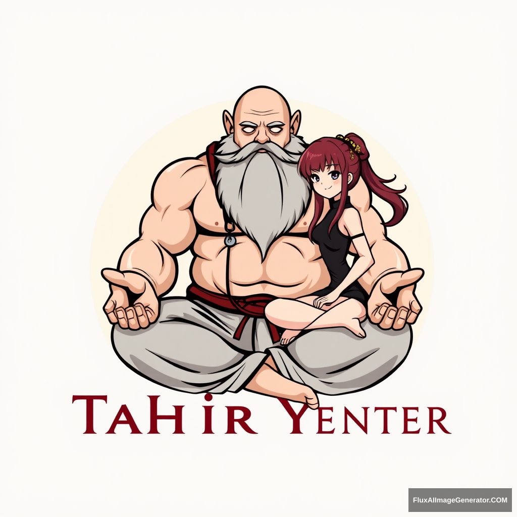 "Tahir Yoga Center" logo: a muscular large bald dwarf with a beard in the lotus position flirts with an anime girl. - Image