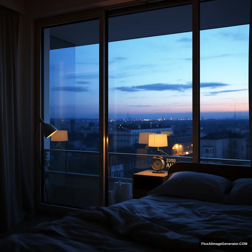 Glass window, bedroom in a modern apartment in France, a study lamp lighting, night scenery, 2:00 AM on a small clock at a small desk behind the bed, hyper-realistic, photorealistic.