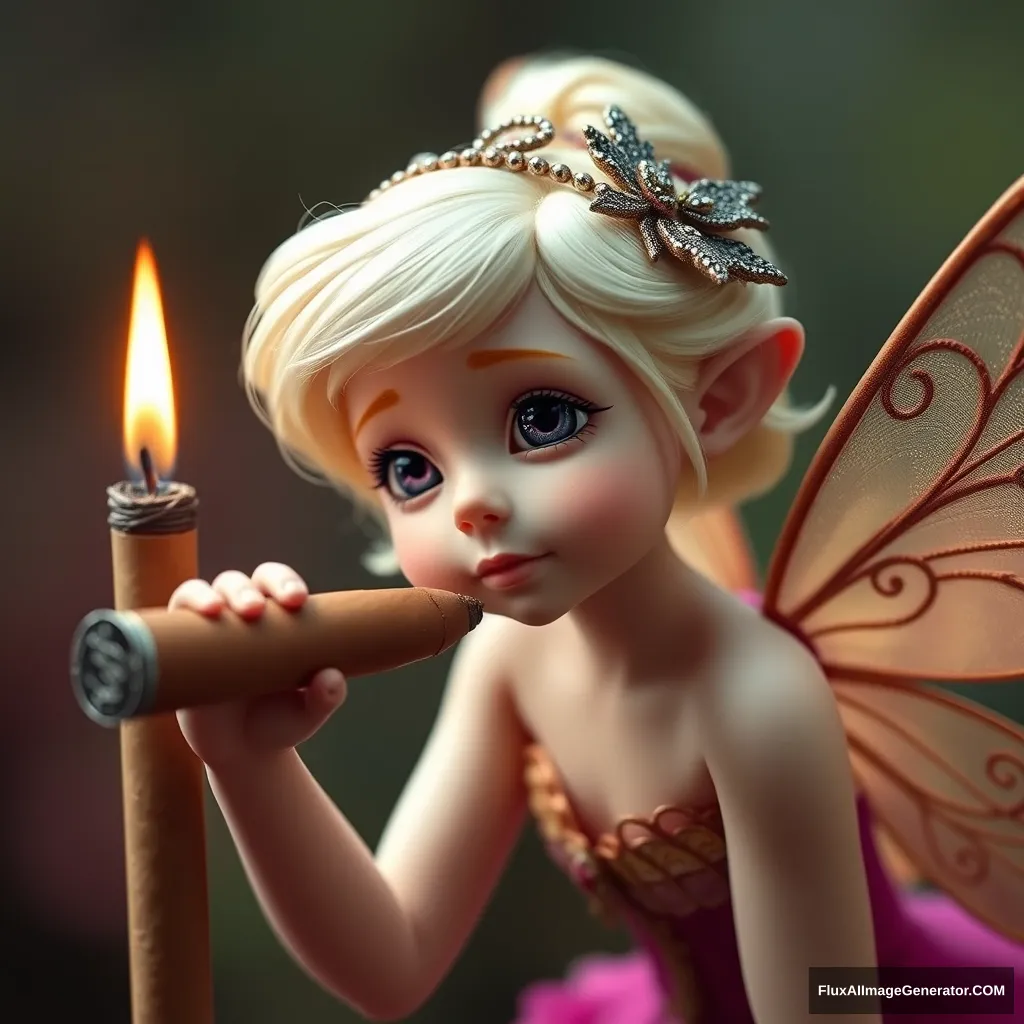 Cute white ginger fairy looking at a cigar taller than her.