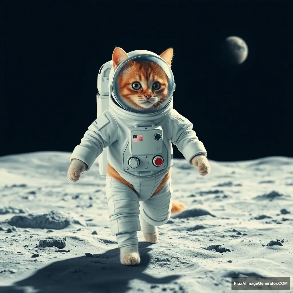 A cat wearing a spacesuit strolls on the moon.