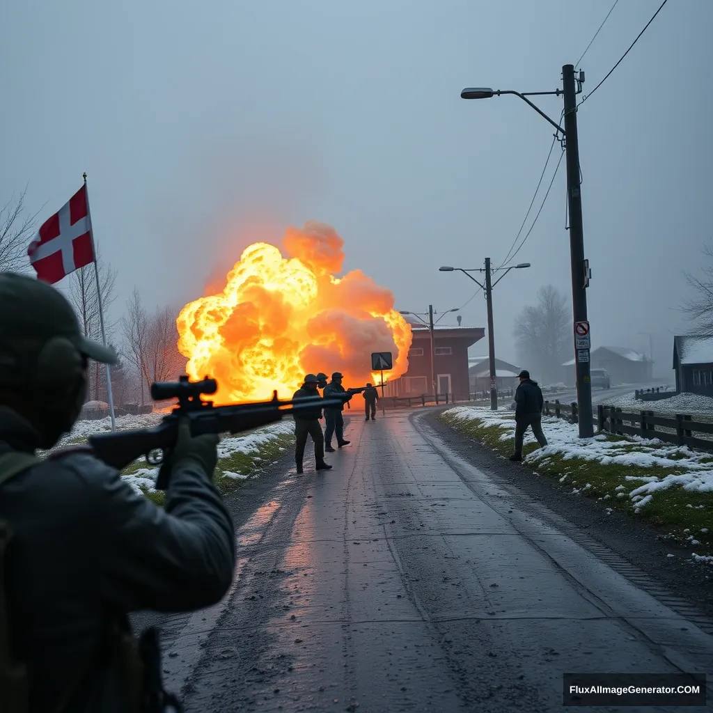 Explosion at the Swiss border called out, gunfights and shootouts, war scene.