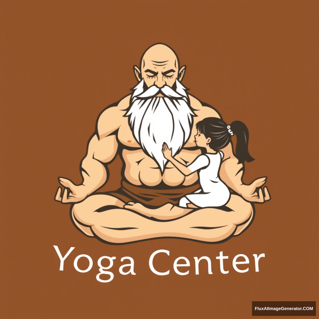 Yoga Center logo: a muscular large bald dwarf with a beard in the lotus position exchanges energies with a girl. - Image