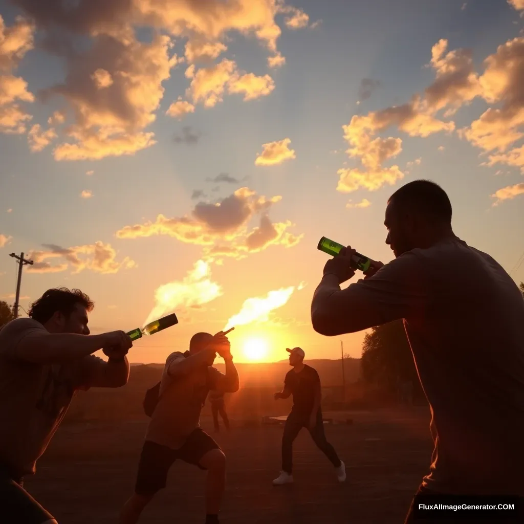 Show a game, PvP, bottle fights, drunken fighters, sunset. - Image