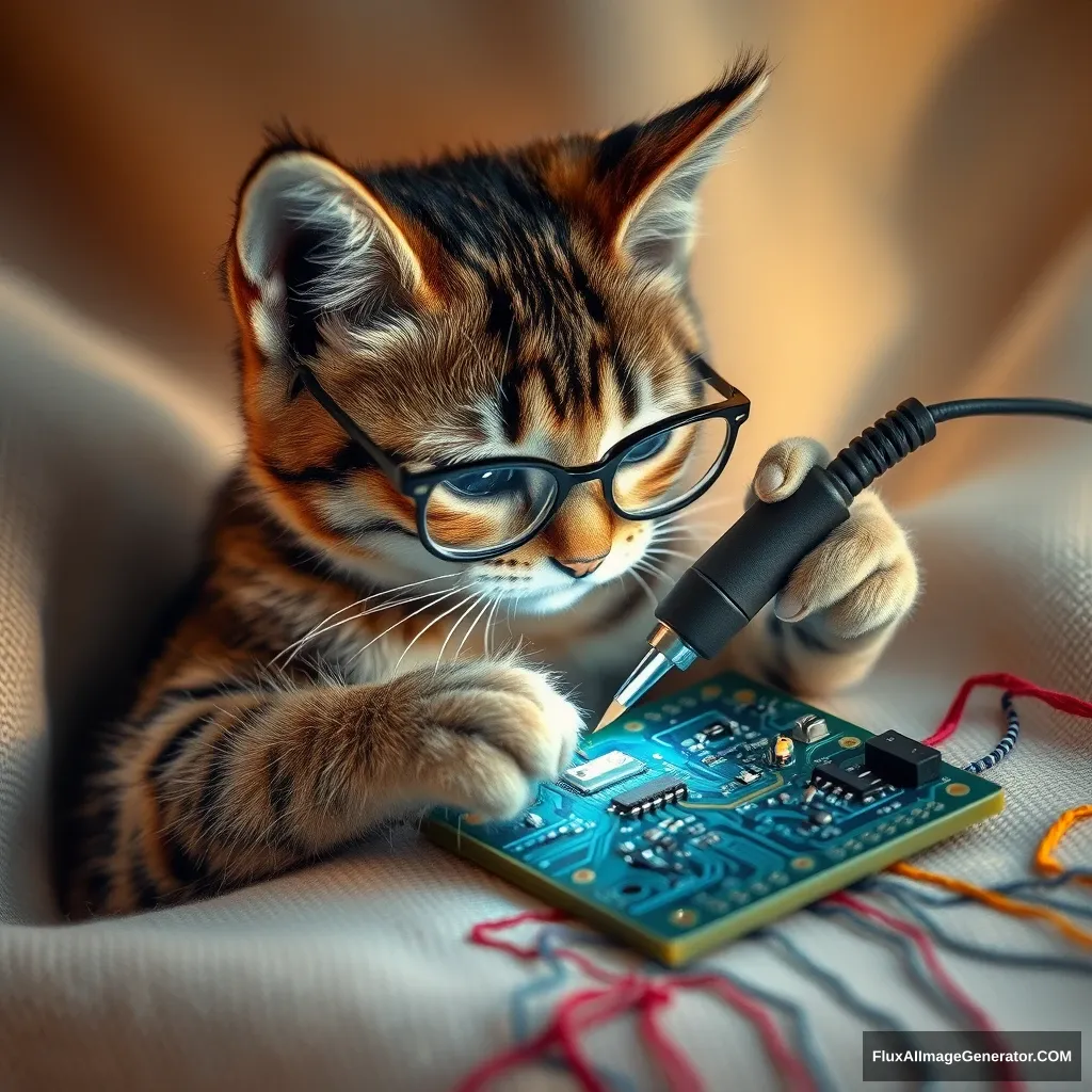 A mischievous tabby cat, wearing tiny spectacles, meticulously solders a circuit board with a miniature iron. Vibrant threads weave intricate patterns, mimicking electronic pathways. Soft fabric backdrop, warm lighting. Delicate French knots form components. Style: Hyper-realistic embroidery art, blending traditional craftsmanship with modern technology.